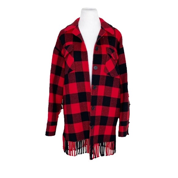 Sandro Paris Check Plaid Fringed-Trim Wool-Blend Jacket In Rouge/noir Red Size 4 - Picture 6 of 11